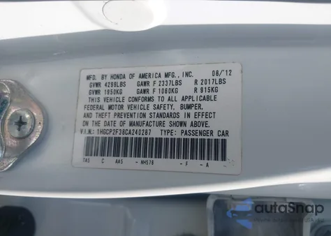 2012 Honda Accord 2.4 Lx from USA, damaged, VIN 1HGCP2F38CA240287